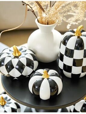 Black & White Checkered Decorative Pumpkins with Gold Stems (set of 3)